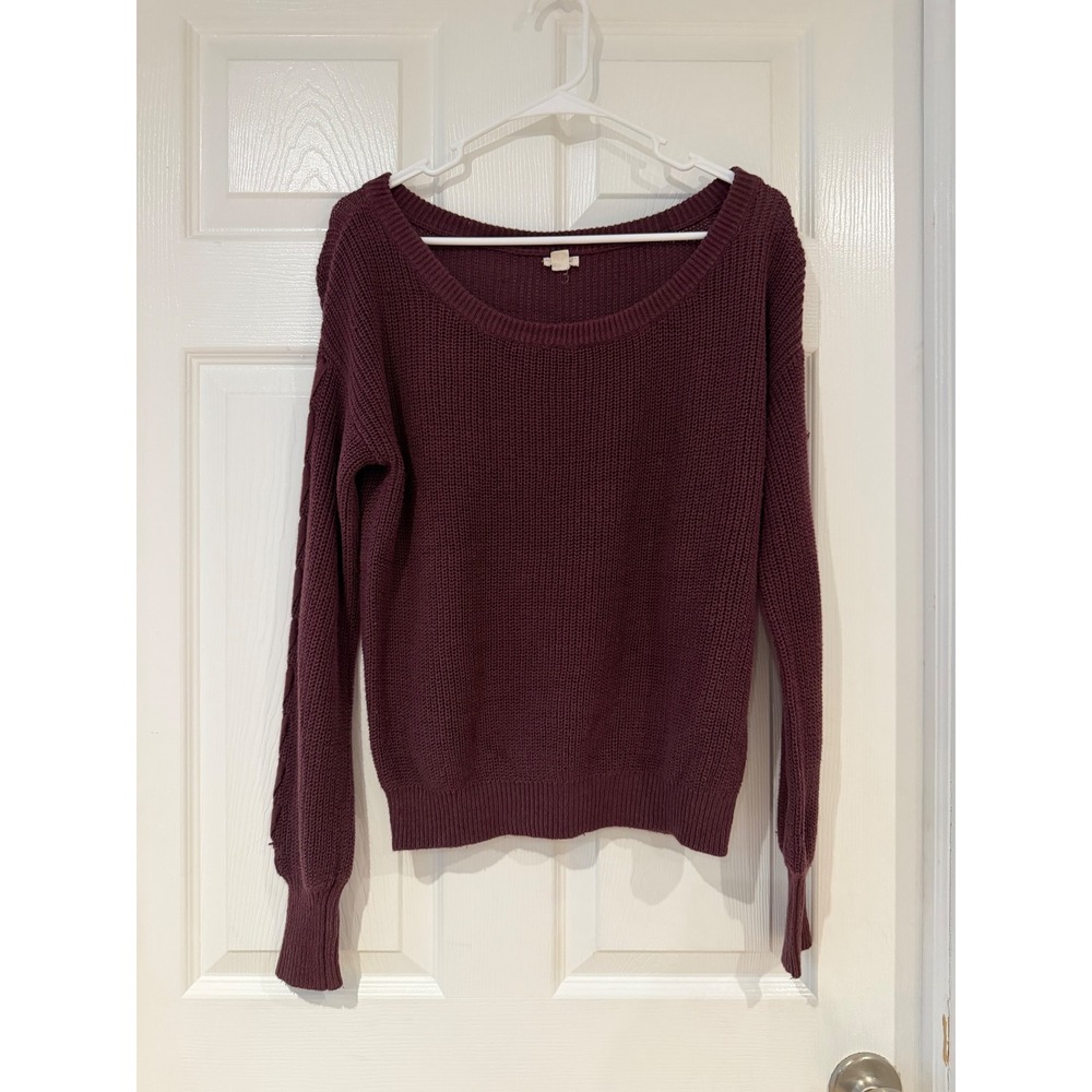 Garage Womens Cable Knit Sleeve Scoop Neck Sweater Burgundy XS Boho Cottagecore